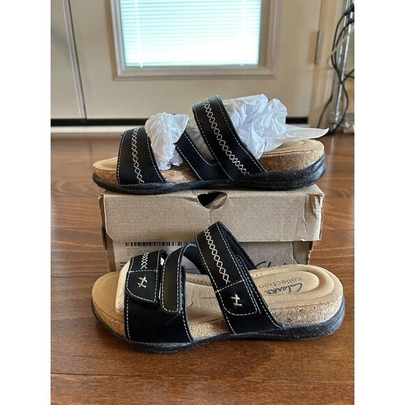 Clarks Women's Roseville Bay Flat Sandal Black Ankle Strap Open Toe NEW 6 M - Picture 2 of 7